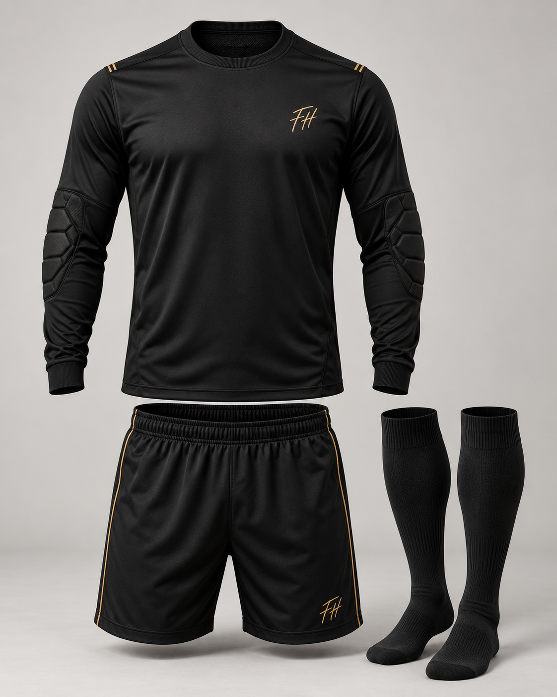 Equipación adulta negra FH para arquero con detalles dorados