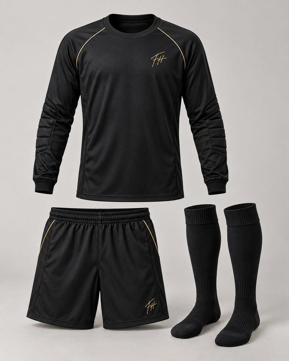 Equipación infantil negra FH para arquero con detalles dorados